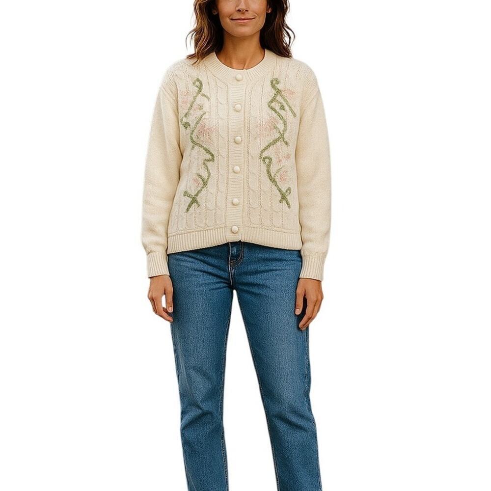 Vtg 80 Sweater Magda Cream Knit Cardigan  Floral Embroidery & Faux Pearl Beading